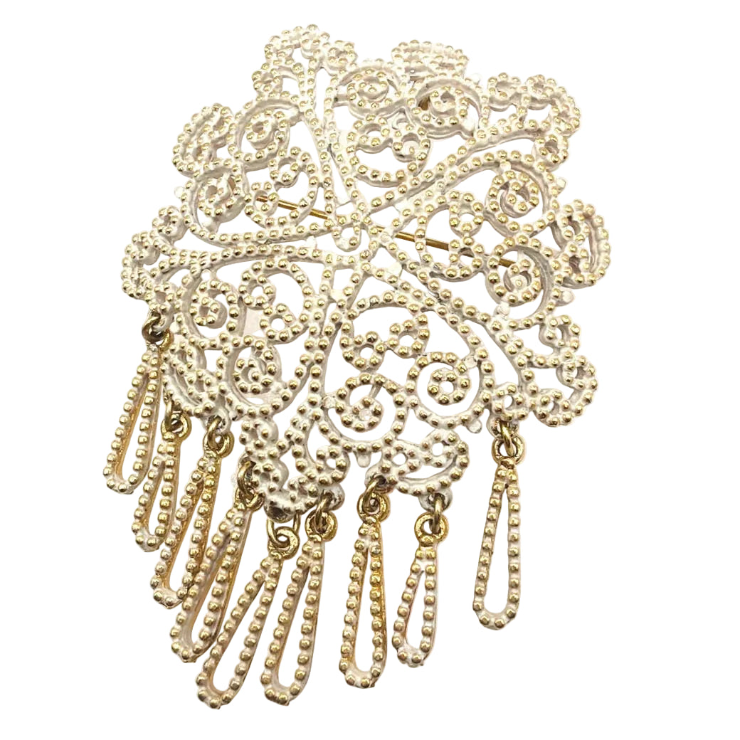 Large White and Gold Tone Filigree Brooch and Pendant with Dangling Charms 2.5”