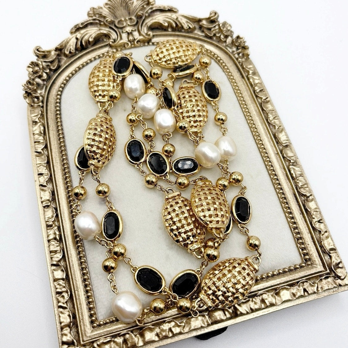 Vintage Extra Long Necklace Faux Pearl and Black Lucite 40”