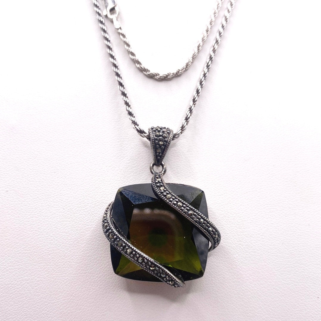 Sterling Silver Long Necklace 28” Simulated Green Tourmaline Stone and Marcasites