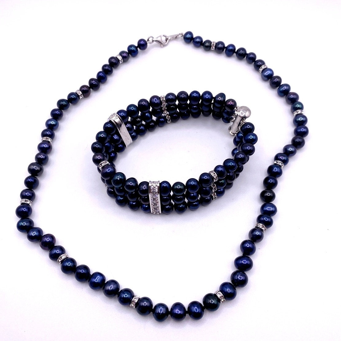 Danbury Mint Midnight Spell Cultured Pearls 925 Silver Set Bracelet and Necklace