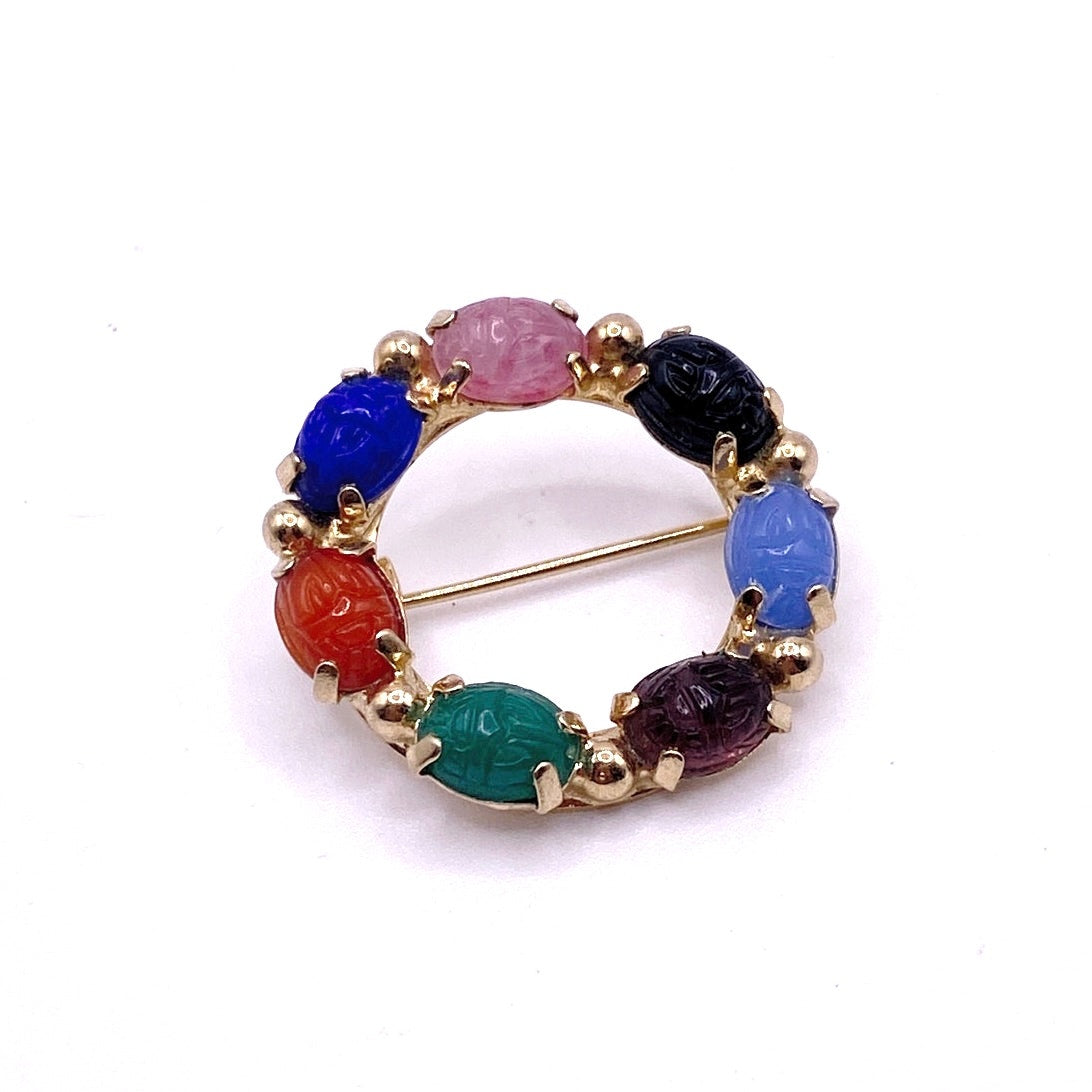 Vintage Egyptian Revival Scarab Gemstones Brooch 1” Long