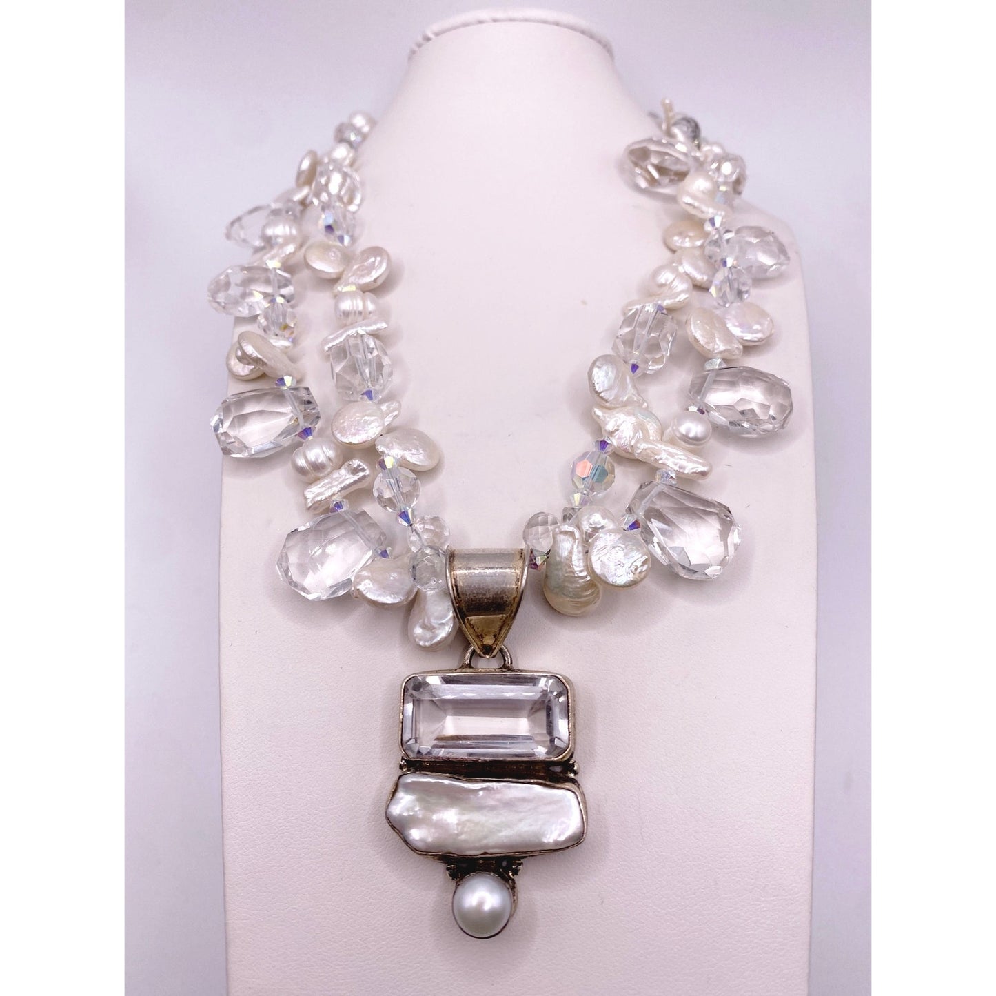 Saki Sterling Silver Necklace With Mother of Pearl and Faceted Quartz Stones 16”