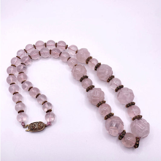 Shou Signed Carved Rose Quartz Vintage Chinese Necklace Vermeil Clasp