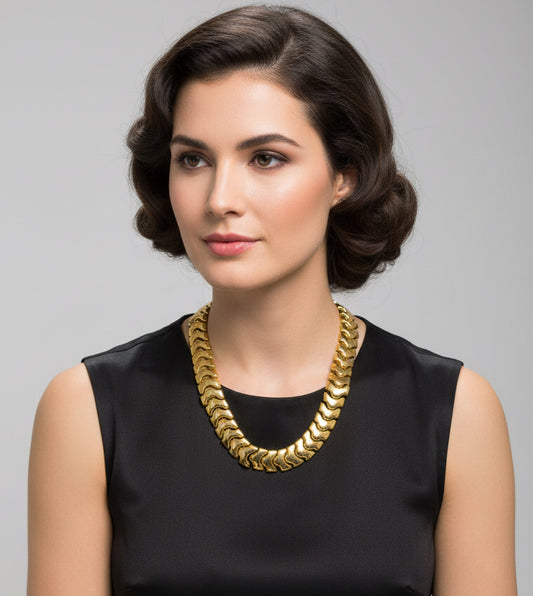 Vintage Gold Tone Necklace Retro Style With Panels Design 22”