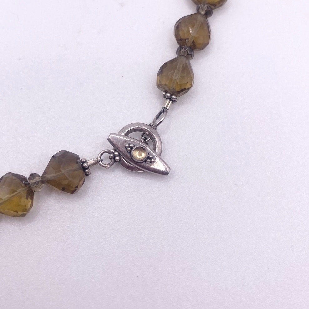 Smoky Quartz Gemstones Necklace with Art Nouveau Floral Beads 15”