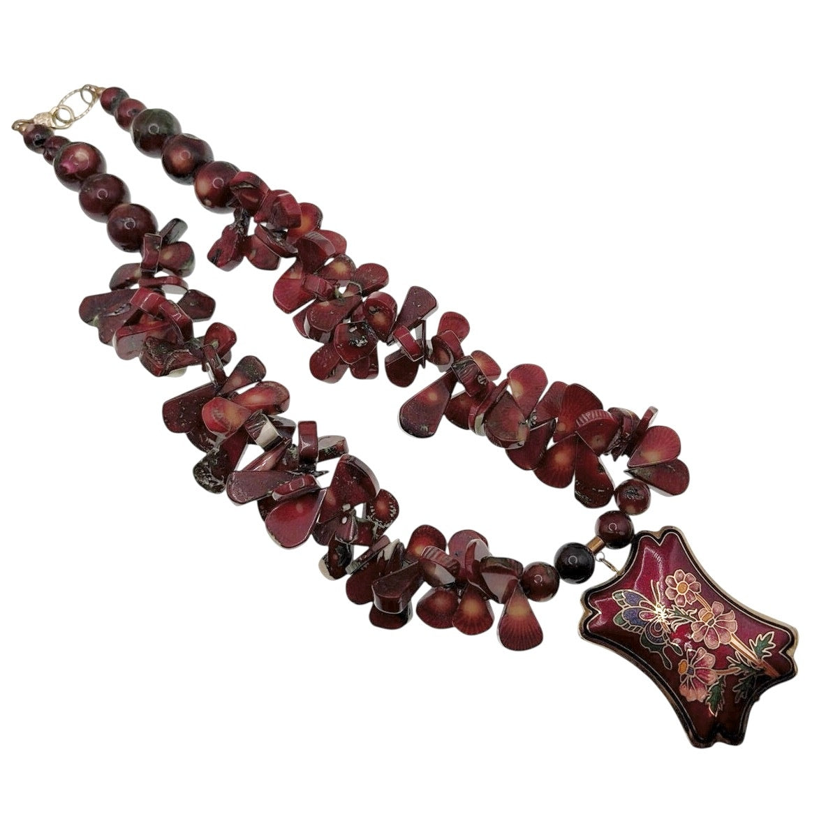 Red Coral Beaded Long Necklace With Chinese Cloisonné Pendant 20”