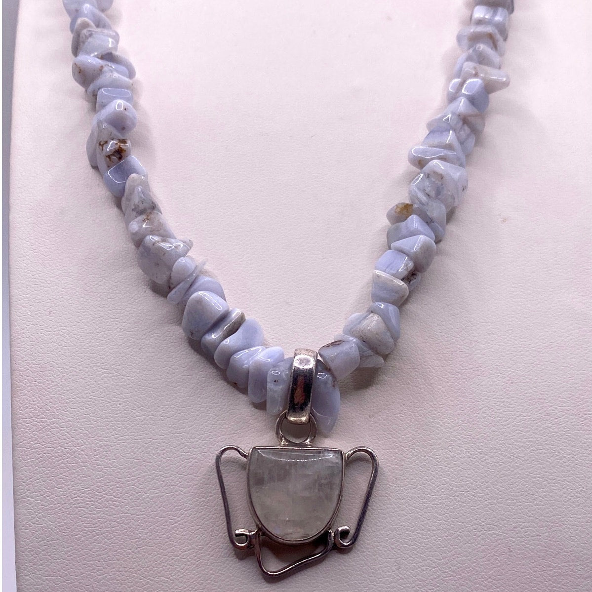 Vintage Blue Lace Agate and Sterling Silver Necklace with Moonstone Pendant