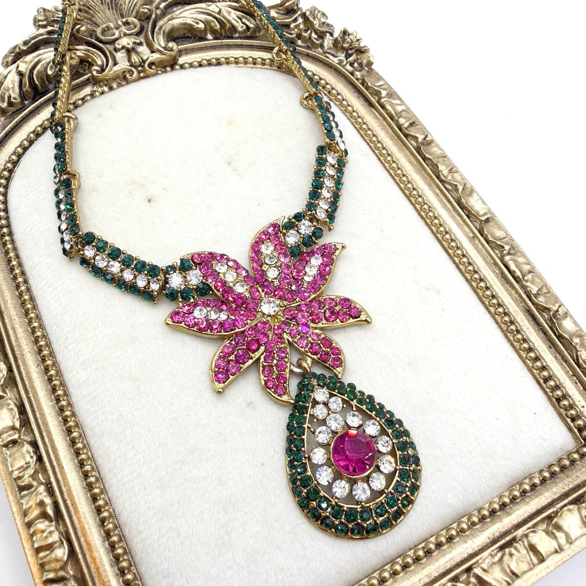 Vintage Full Rhinestones Floral Collar Necklace 17”