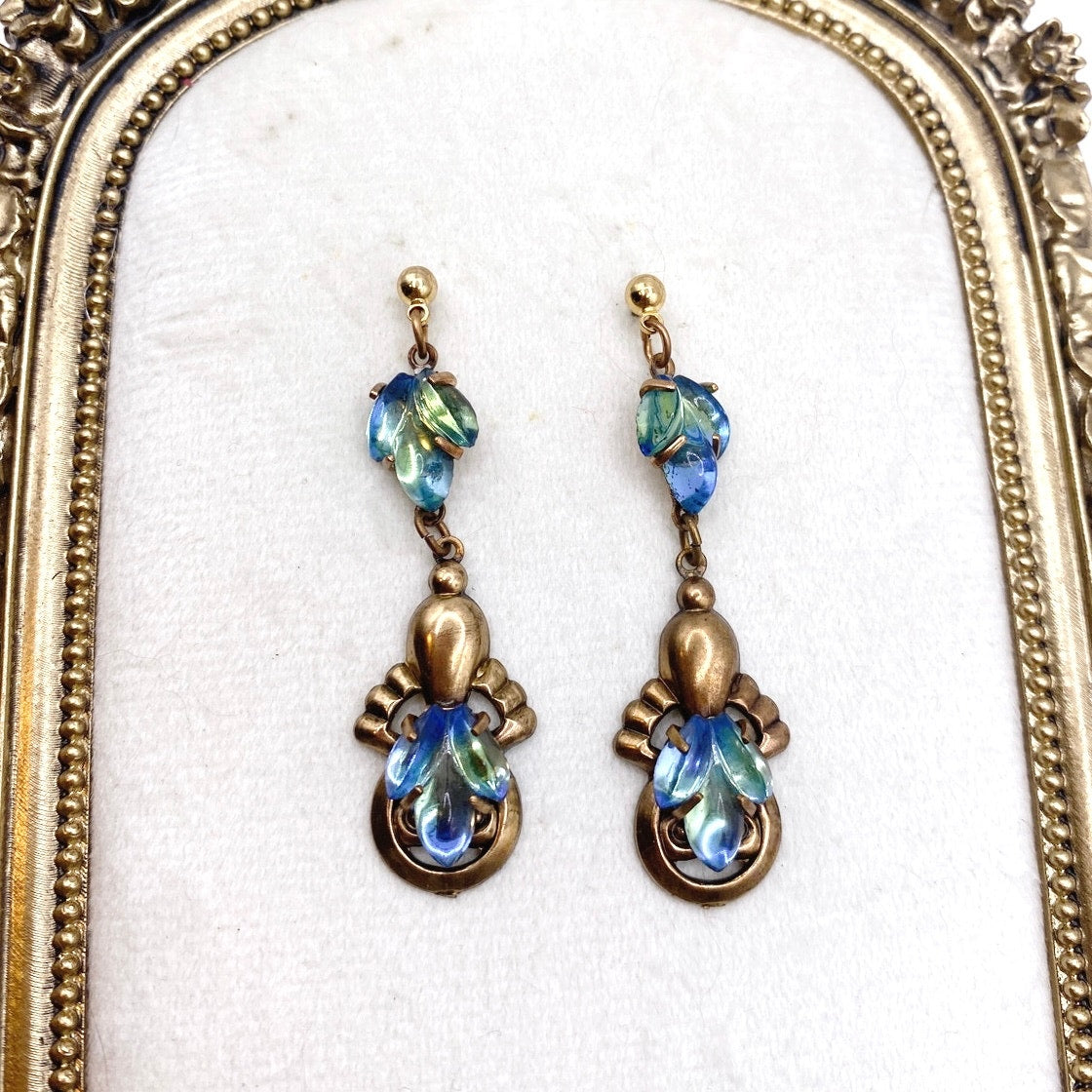 Vintage Dangling Brass Filigree Earrings Blue Green Mermaid Glass Stones