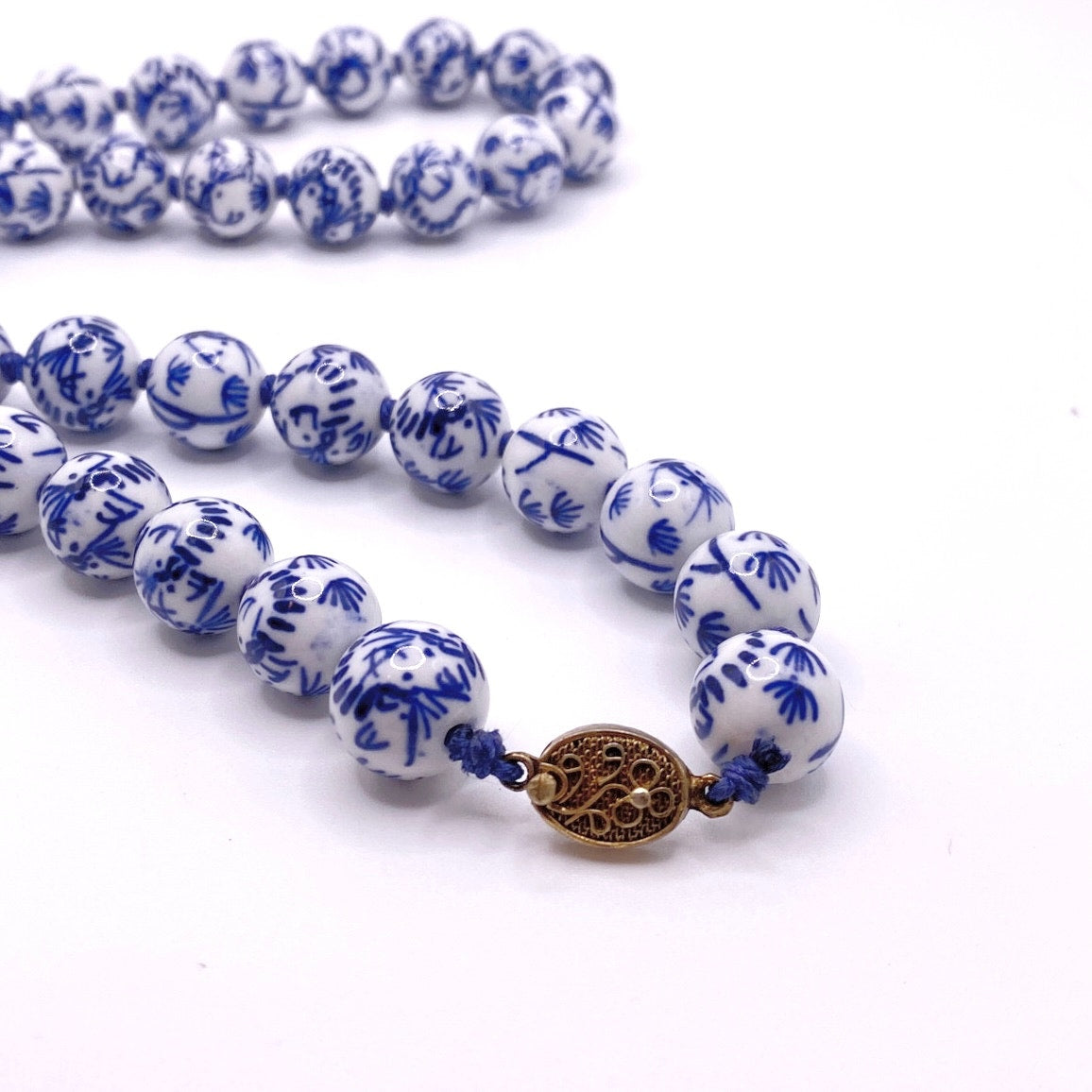 Vintage Chinese Necklace Hand Painted Blue and White Porcelain Beads 22”