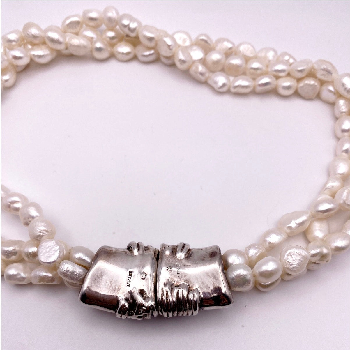 Sterling Silver and Three Strands Fresh Water Pearls Necklace 16” Made In Israel