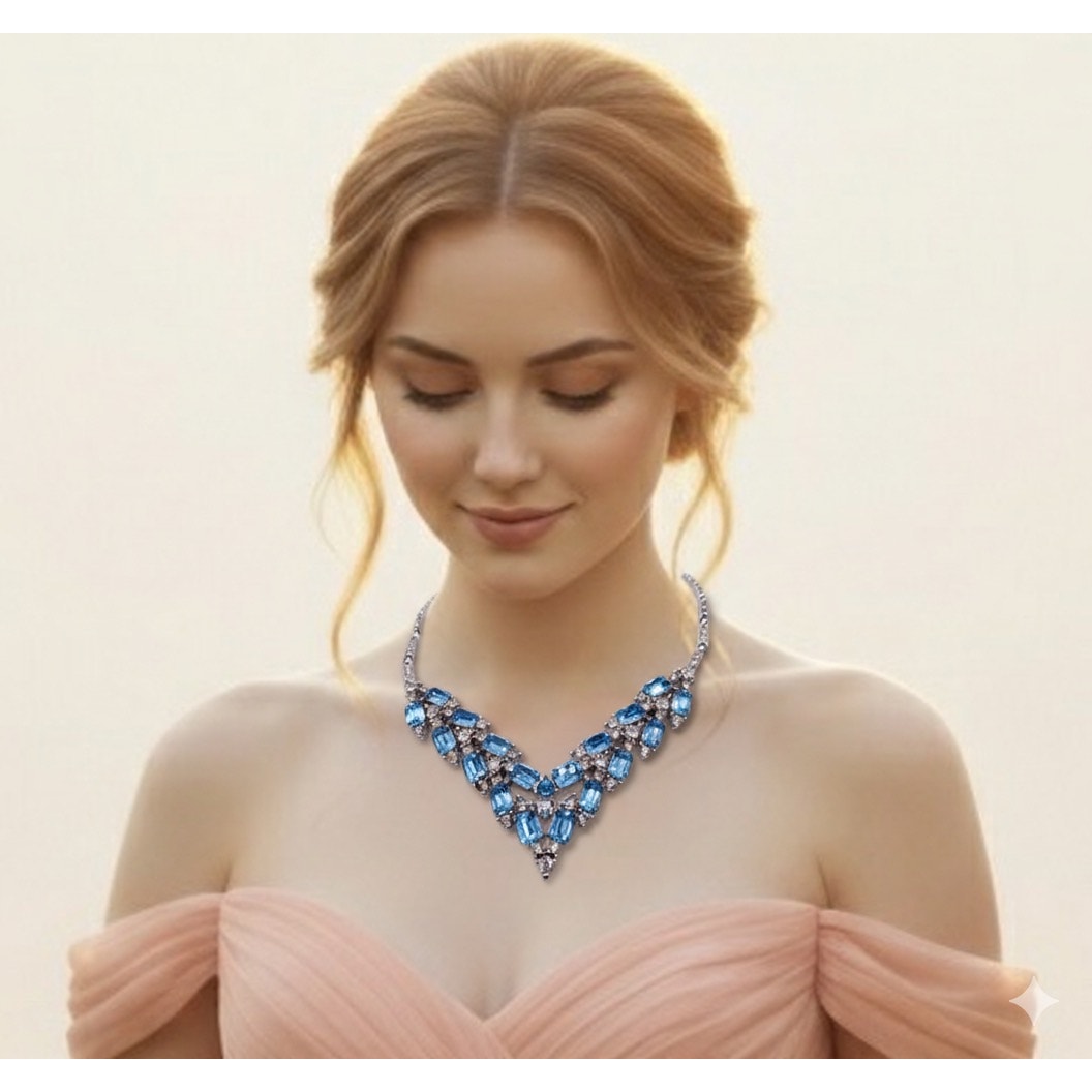 Bogoff Signed Vintage Necklace with Blue and White Rhinestones