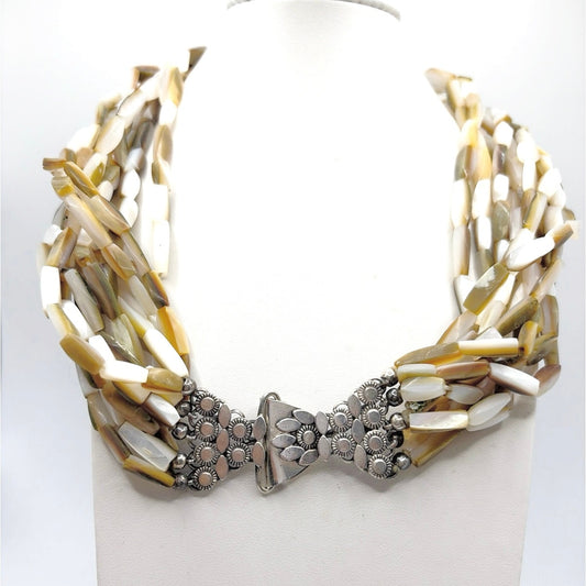 Vintage Multistrand  Necklace 16” Mother of Pearl and Decorated Sterling Silver Clasp
