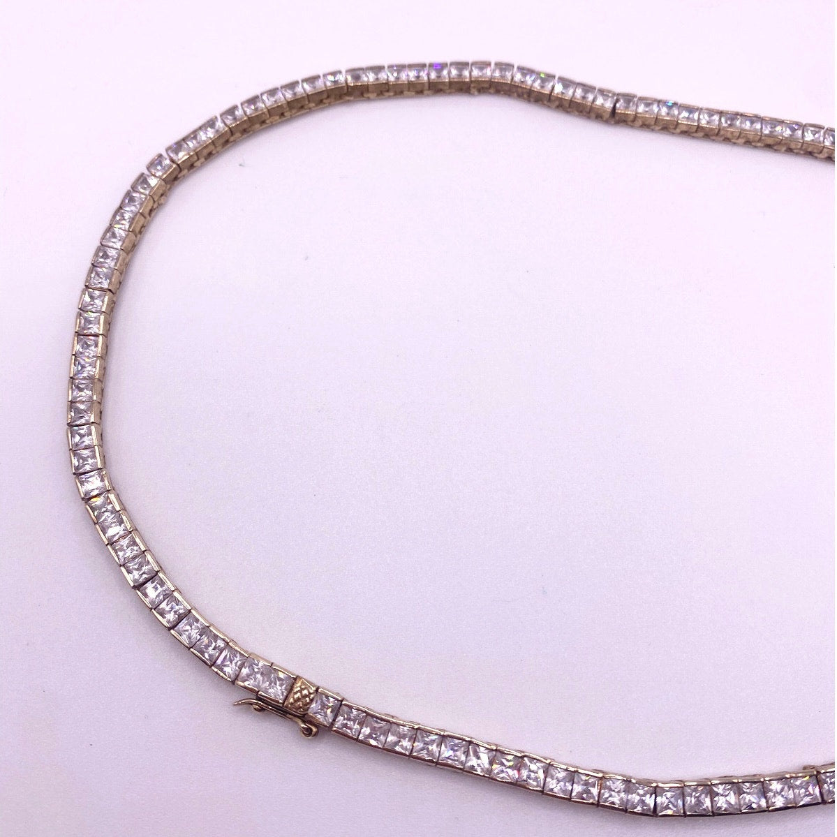 St Silver Square CZ Tenis Necklace Gold Plated 32”