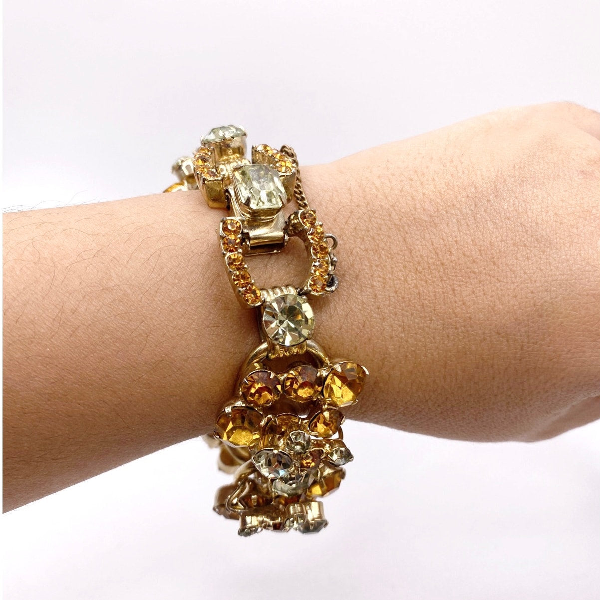 Juliana Vintage MidCentury Bracelet Beautiful Orange and Green Tone Rhinestones