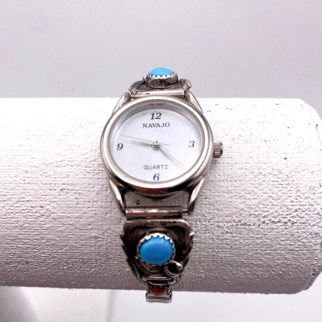 Navajo Sterling Silver Watch Stretchy Wrist Bracelet With Turquoise and Coral