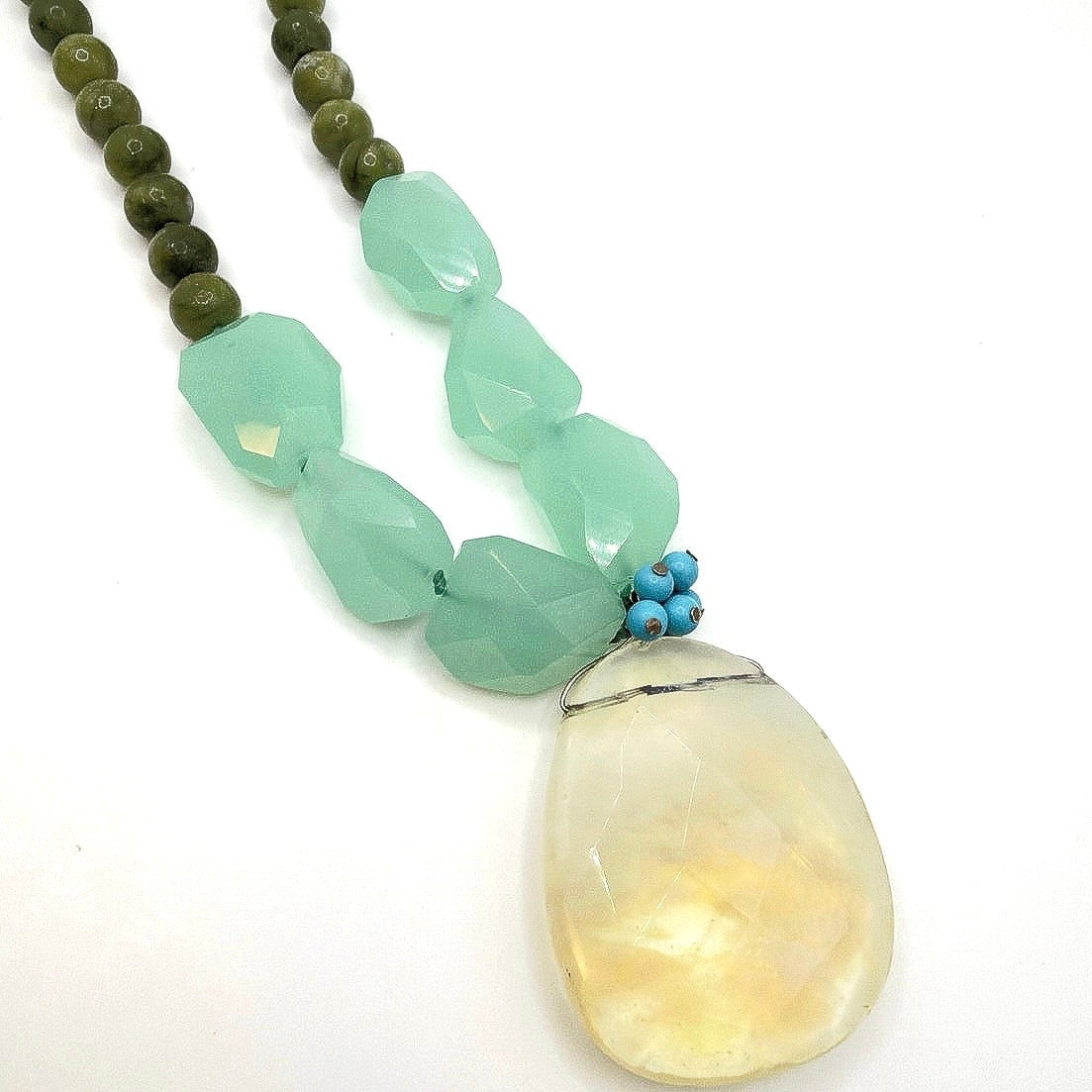 Vintage Handmade Gemstones Necklace Chalcedony  Agate and Opaline Pendant 16”