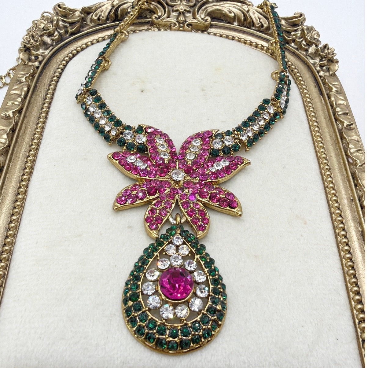 Vintage Full Rhinestones Floral Collar Necklace 17”