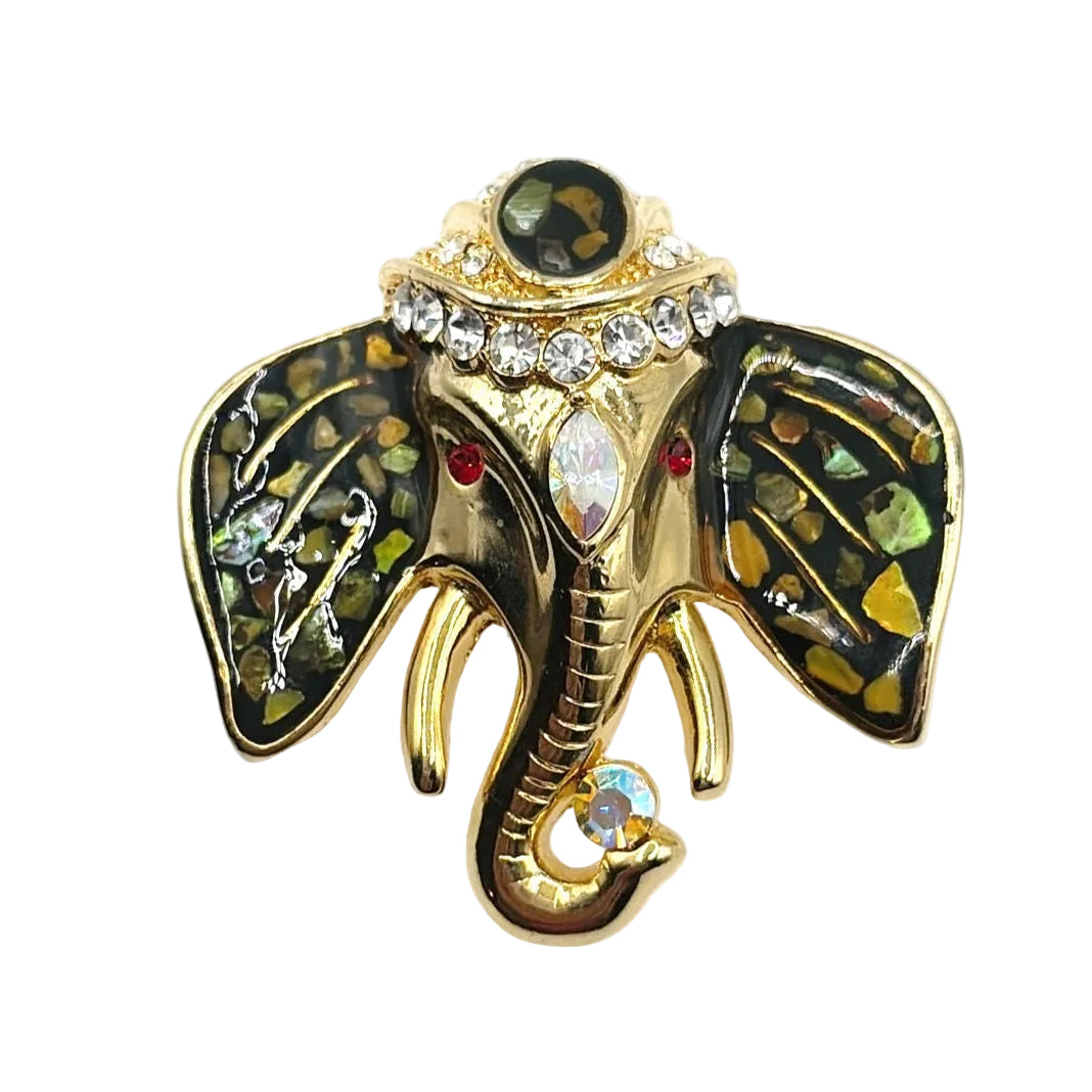 Enamel and Rhinestones Elephant Head Brooch 1.5”