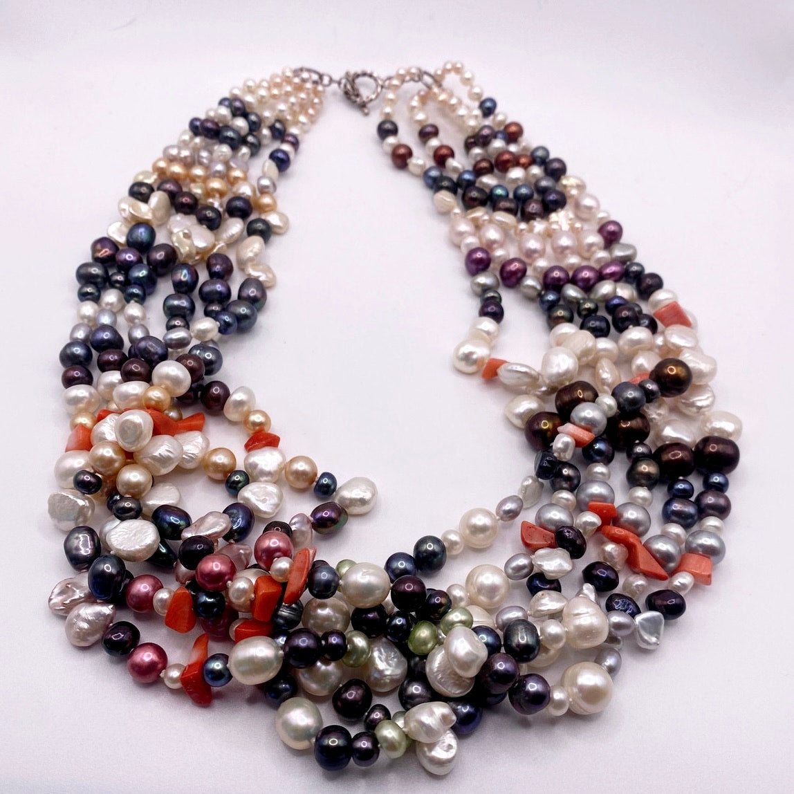 Multicolor Freshwater Pearl Multi strand Necklace Sterling Silver Closure