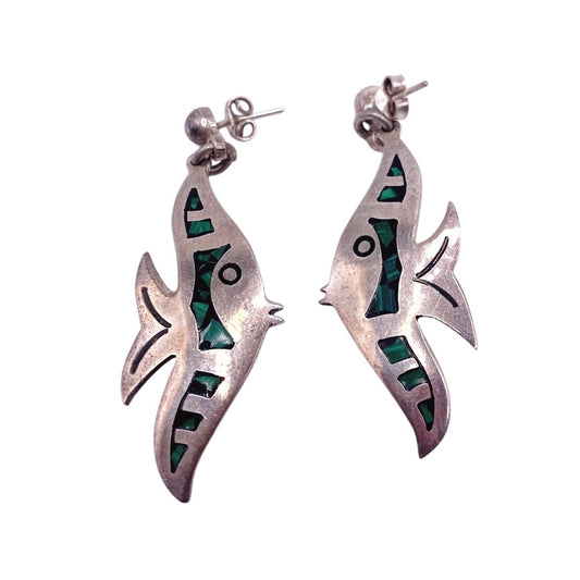 Taxco México St Silver Fish Earrings with Malachite Stone
