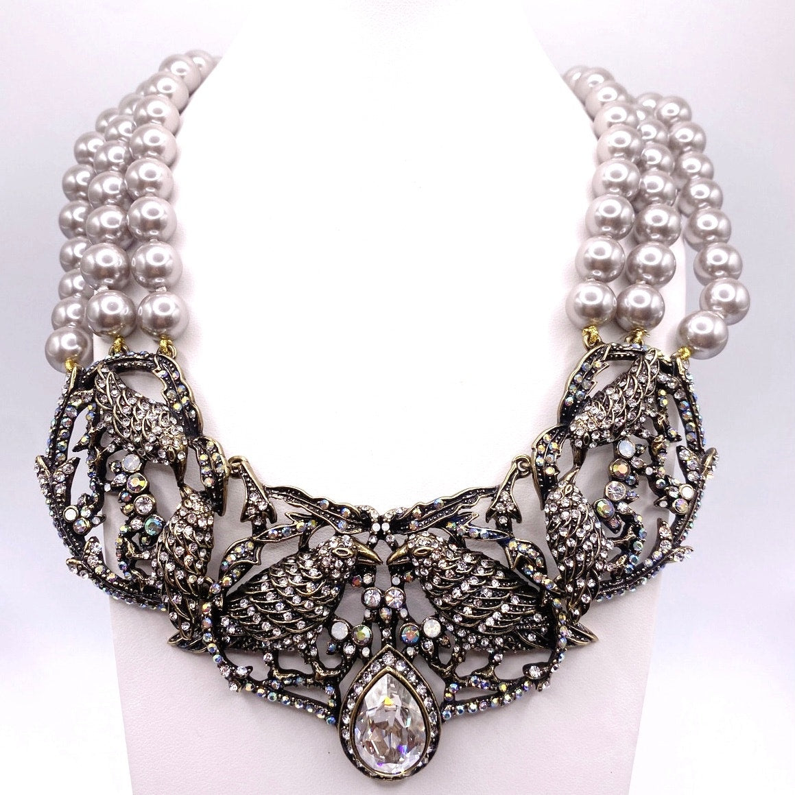 Hedi Daus Vintage Statement Necklace with Faux Pearls and AB Rhinestones Birds Motifs