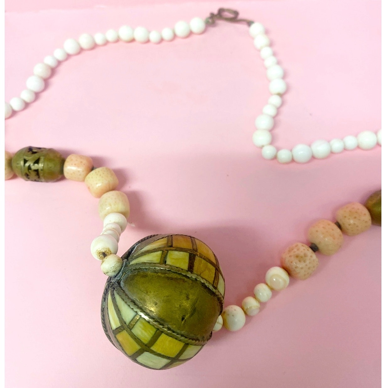 Antique Angel Skin Coral & Brass Necklace