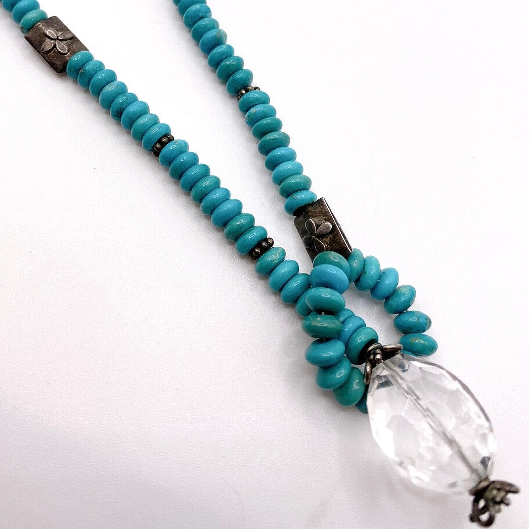 Vntg Turquoise and Sterling Silver Necklace 17” with Faceted Quartz Bead Pendant