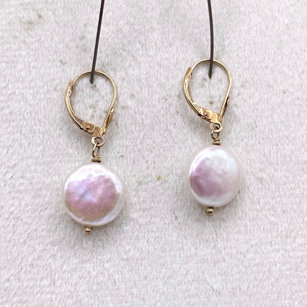 14k Gold and Pearl Leverback Earrings