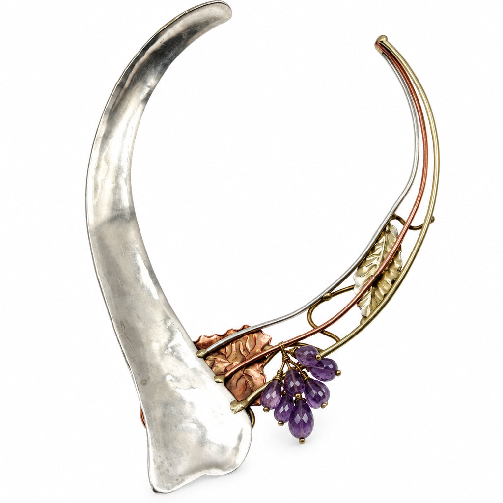 Mixed Metal Necklace Sterling Silver Copper and Brass Leaves Amethyst Grapes