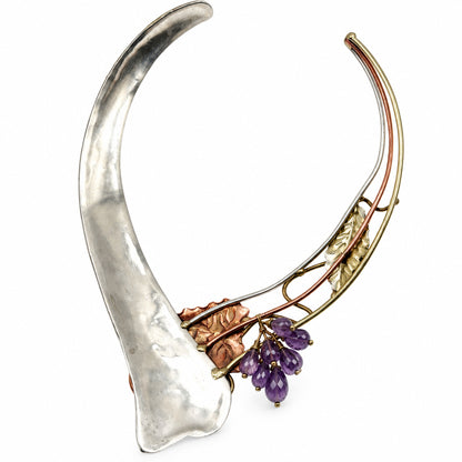 Mixed Metal Necklace Sterling Silver Copper and Brass Leaves Amethyst Grapes