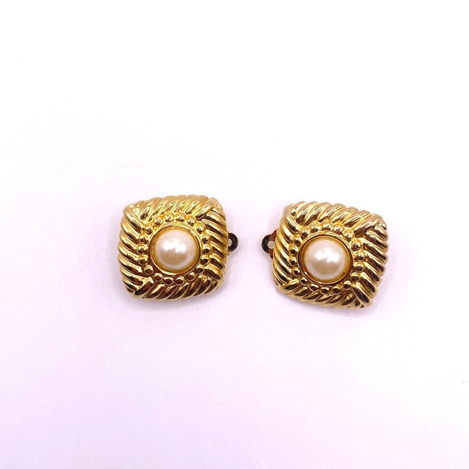 Square Button Faux Pearl Clip On Earrings