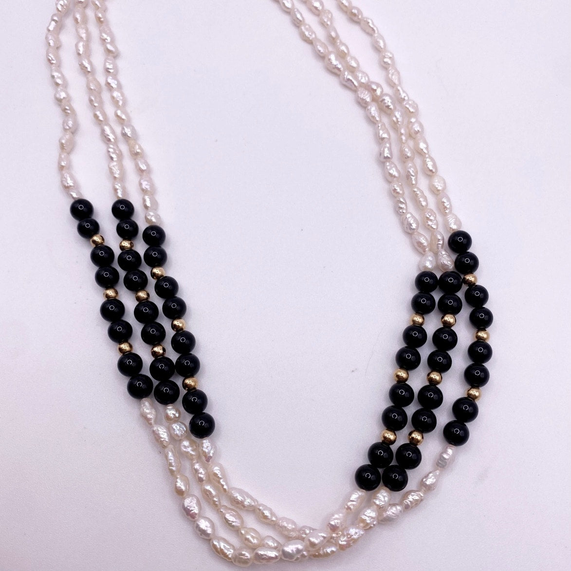 Three Strand 14k Gold Beads and Clasp Rice Mother of Pearl Onyx Necklace 16.5”