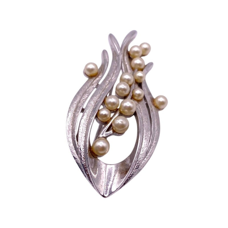 Crown Trifari Silver Tone Brooch Faux Pearls