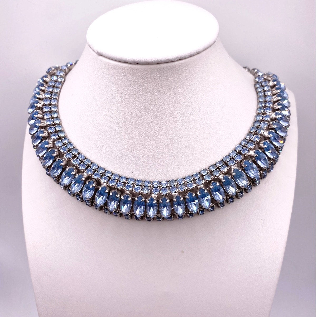Sapphire Blue Rhinestones And Silver Tone Vintage Necklace and Bracelet Set