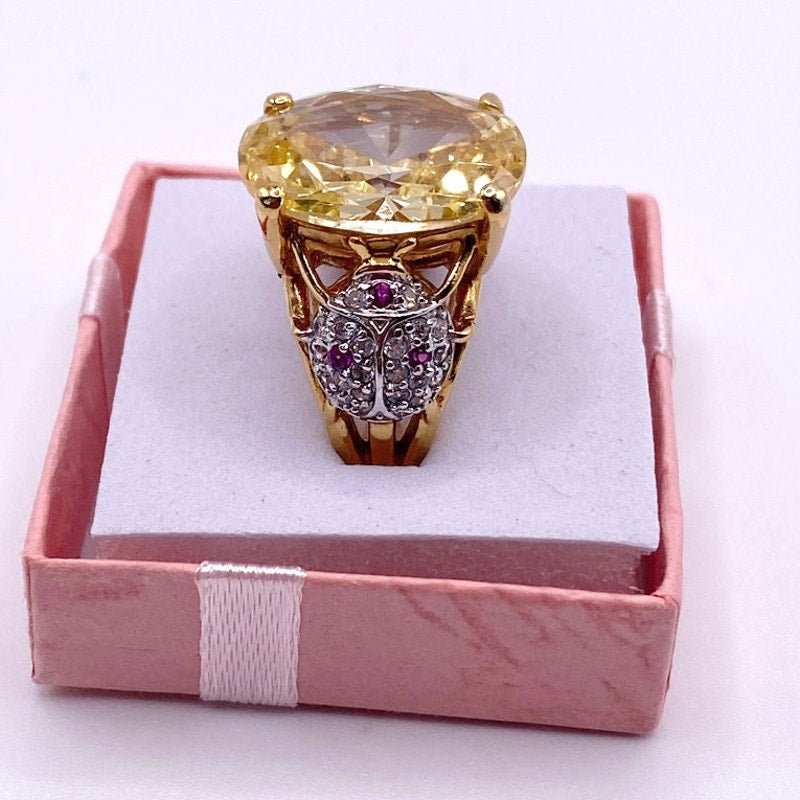 Gold Electroplated Cocktail Ring with Lab Created Rubies and large Yellow Topaz Size 7
