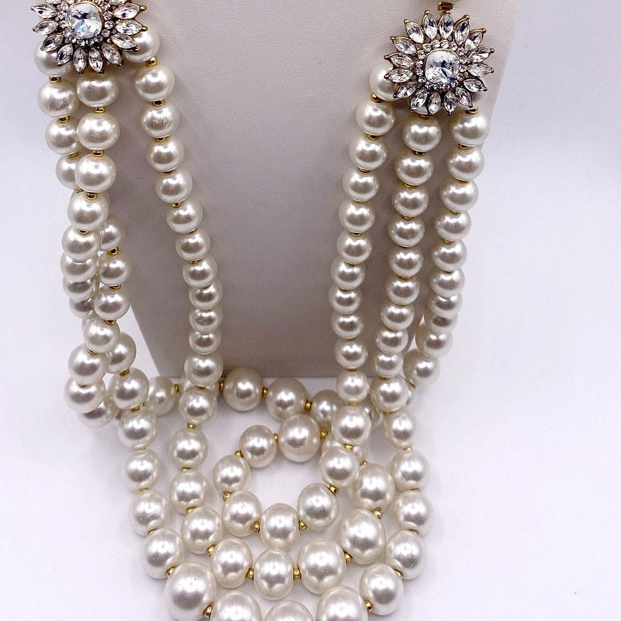 AMRITA Faux Glass Pearls Necklace Three Strands