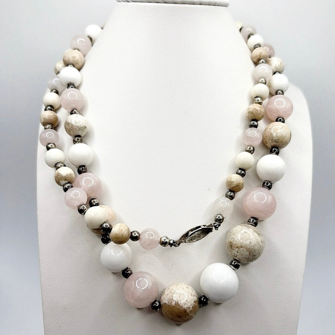Vintage Agate and Rose Quartz Gemstones Long Necklace 30”