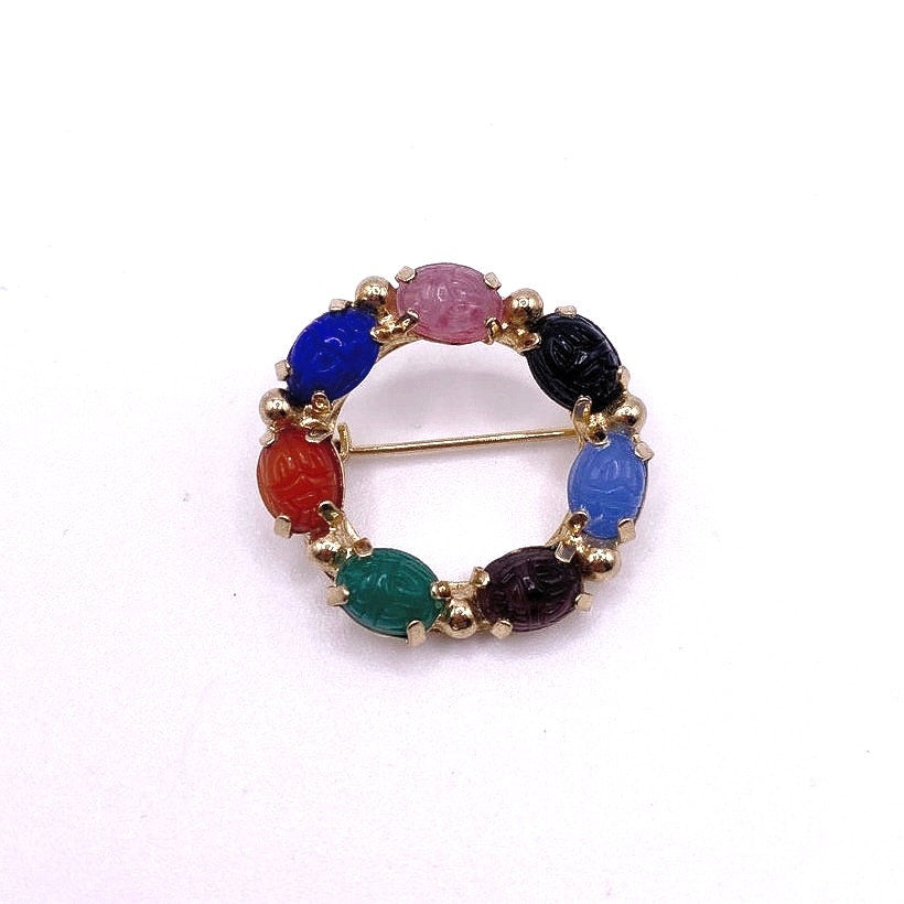Vintage Egyptian Revival Scarab Gemstones Brooch 1” Long
