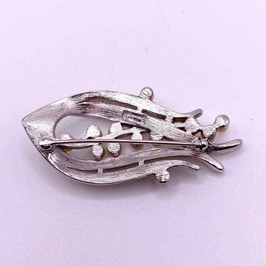 Crown Trifari Silver Tone Brooch Faux Pearls