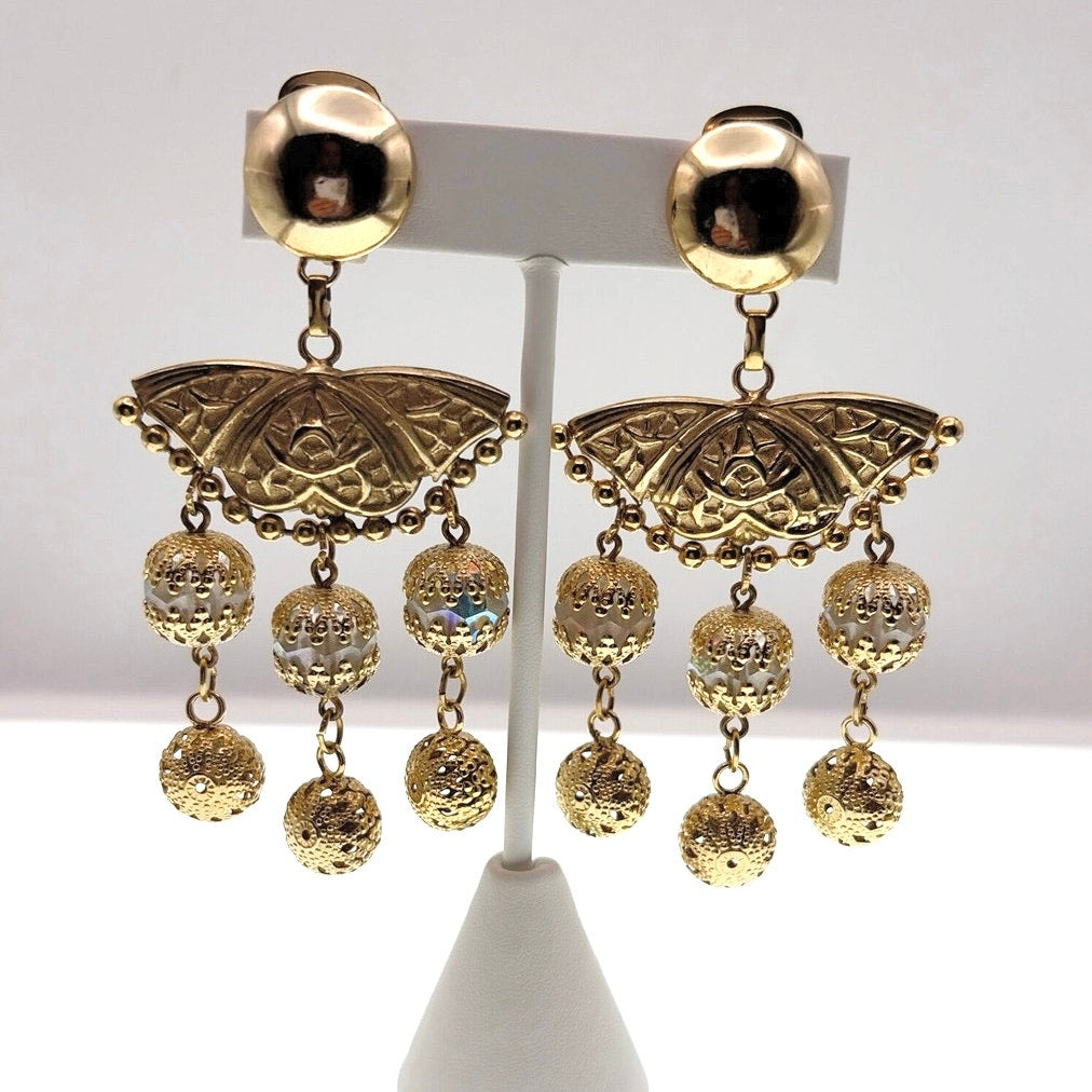 Vintage Brass Clip On Statement Butterfly Chandelier Earrings with AB Beads