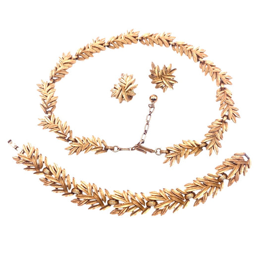 Trifari Gold Tone Leaves Necklace Set Bracelet And Clip On Earrings
