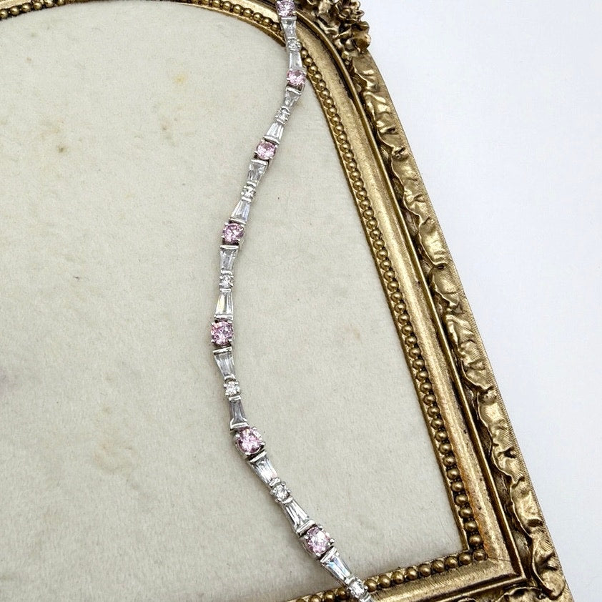 Vintage Tennis Bracelet Silver Plate Signed JDI Pink and White CZ Crystals 7"