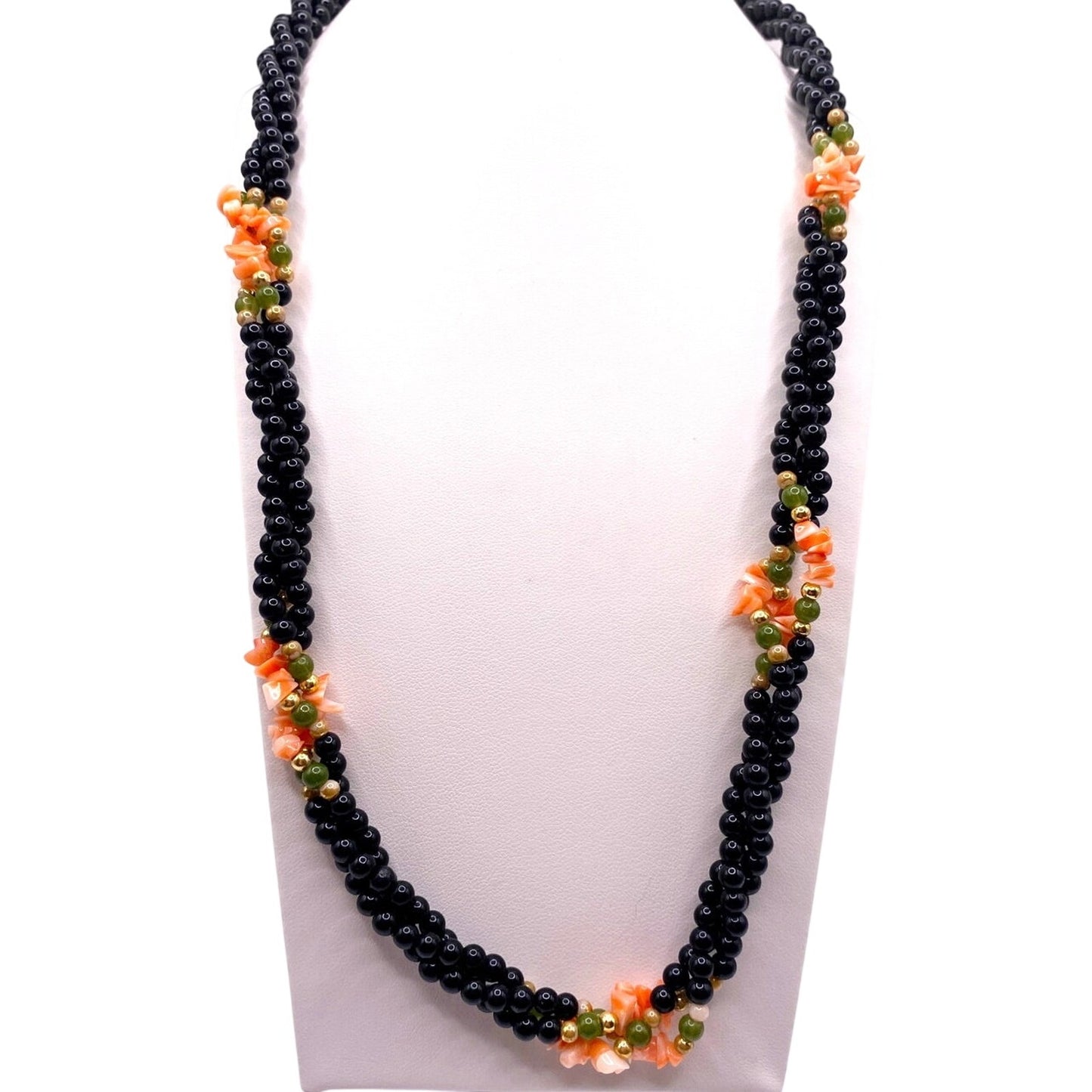 Vtg Three Strands Necklace with Onyx And coral Beads