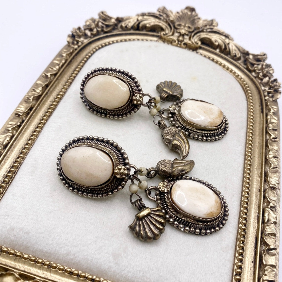 Vintage Dangling Brass Filigree Clip on Earrings and Bone Carved Cabochons 2"