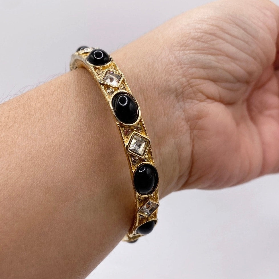 Vintage Donald Stannard Black And White Rhinestones Bangle Bracelet 7”