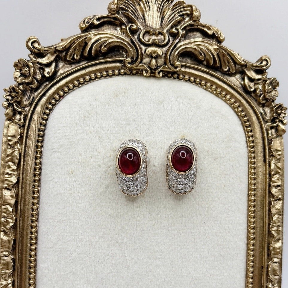 Les Bernard Vintage Clip On Earrings Red Glass Cabochon and Rhinestones 1”