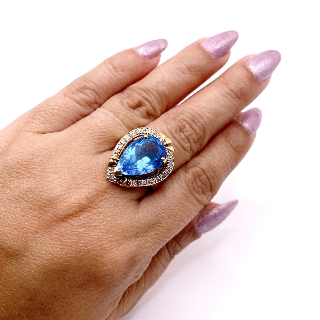 Cocktail Ring 14k Gold Vermeil Sterling Silver With Topaz and Diamonds Size 6.5