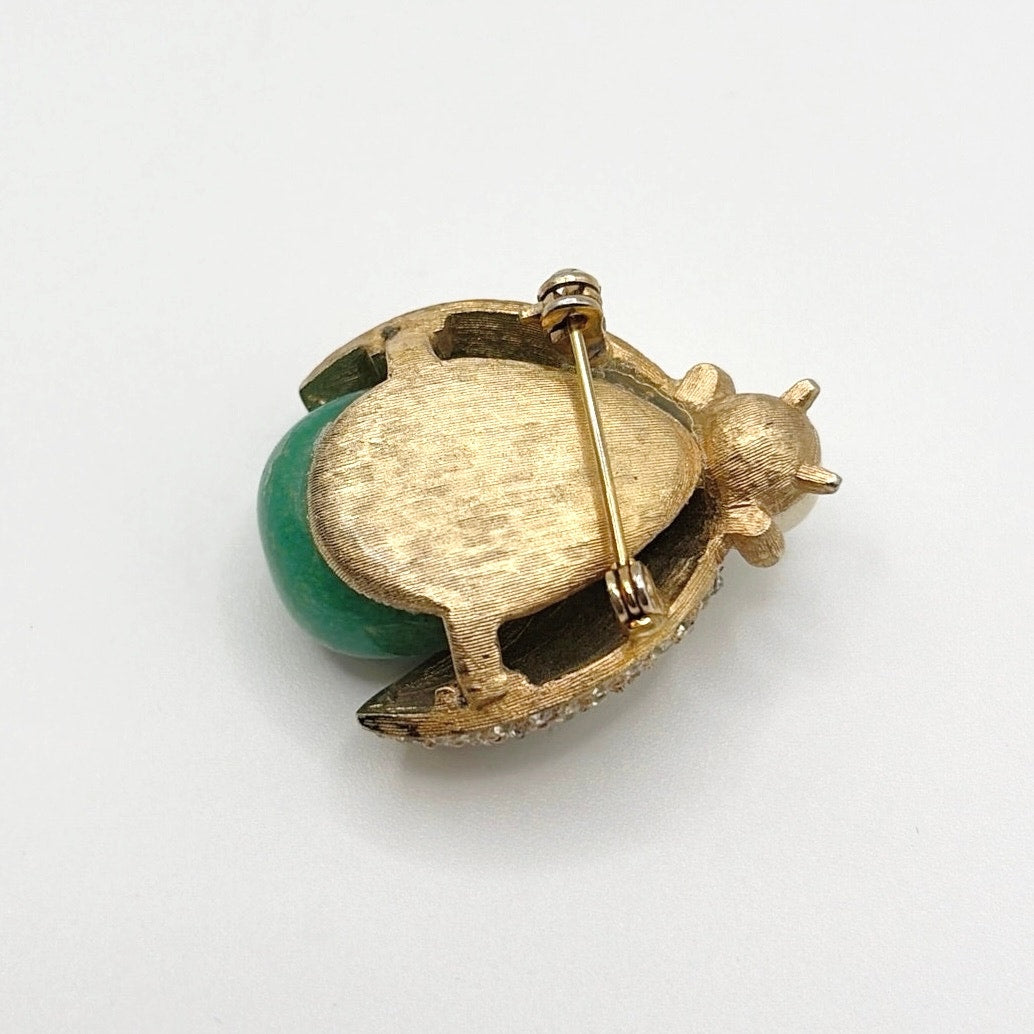 Vintage Rhinestones Scarab Brooch With Green Lucite Stone