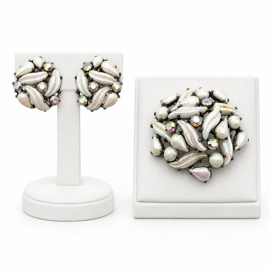 Elsa Schiaparelli AB White Molded Glass Earrings and Brooch Set